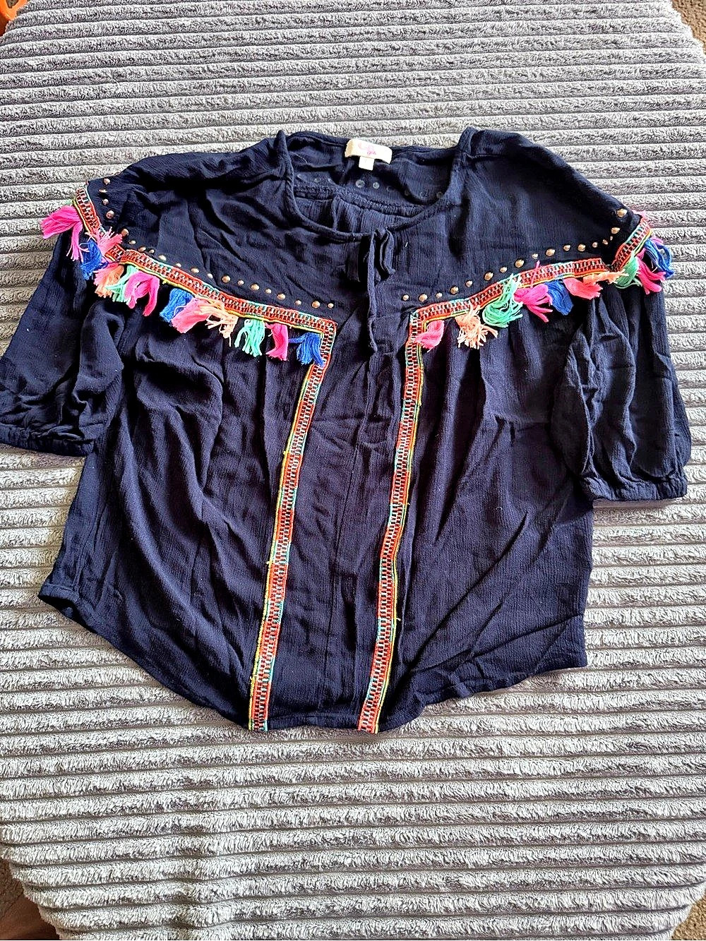 GB Girl Embroidered Tassel Blouse in Blue Size Large